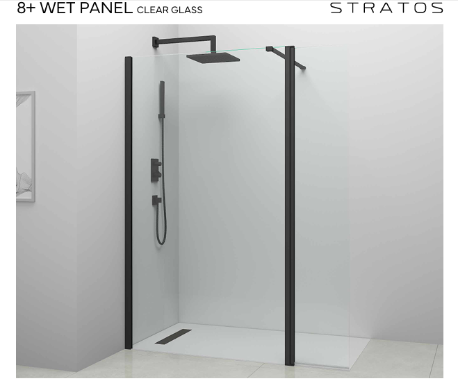 8+ Wet Panel Clear Glass -Available in 5 Colours - Chrome, Brushed Brass, Matt Black, Brushed Bronze, Gun Metal