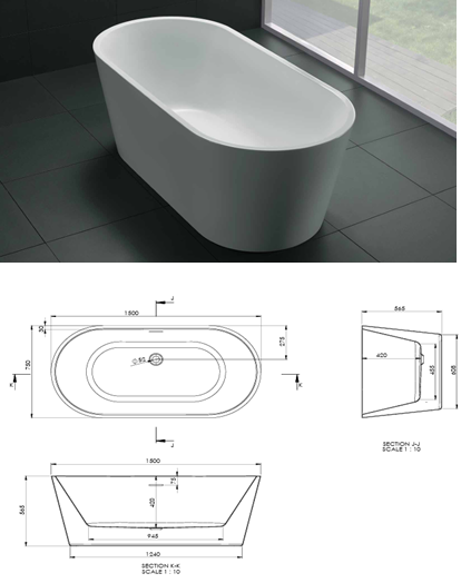 DEK Free Standing Oval Bath available in 1500 and 1700mm