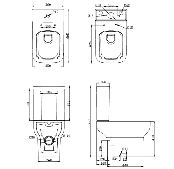 KOR Square Toilet and 550mm Basin Set Including Seat