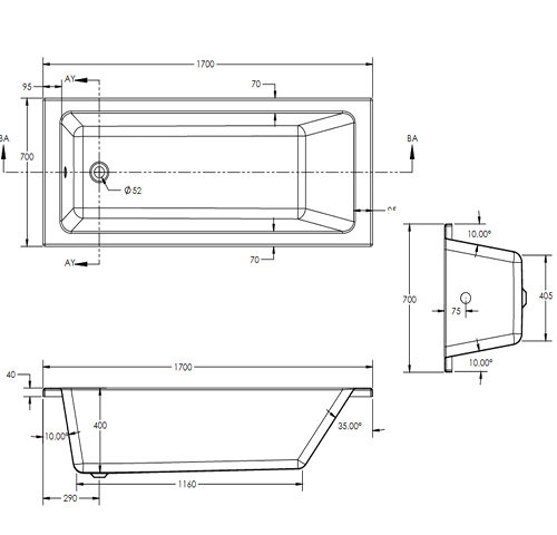 Square Axel Bath Single Ended 1700/1600/1500/1800 x 700/750/800mm