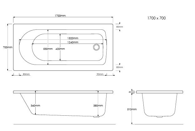 Standard Single Ended Bath 1700/1600/1500/1400/1200 x 700mm