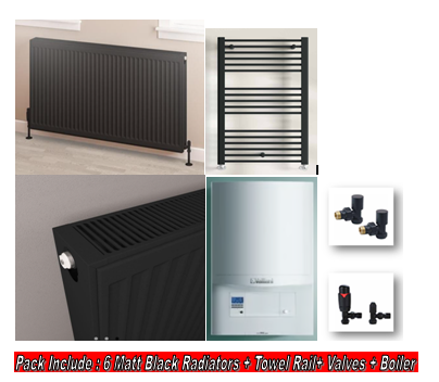Vaillant Combi Boiler Heating Pack including 7 Matt Black Radiators