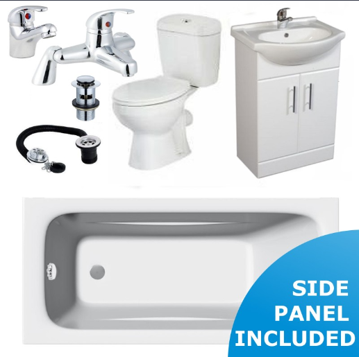 Bathroom Suite  Single Ended 1600/1500/1400mm Bath Toilet and 550/650 Basin Unit and Taps