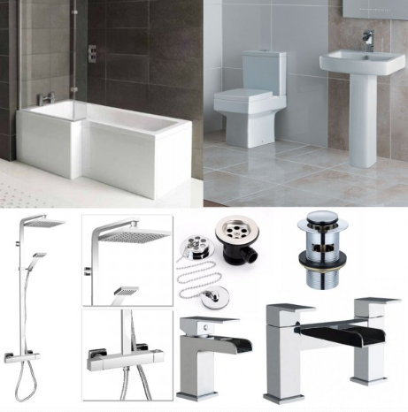 L-Shape Bathroom suite with Square Toilet and Sink Waterfall Taps set and Shower