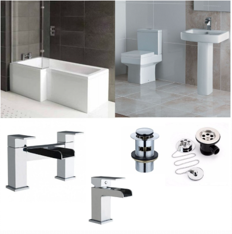 L-Shape Bathroom suite with Square Designer Toilet and Sink Waterfall Taps