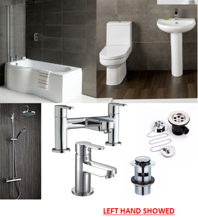 P-Shape 1700 x 850 Bathroom suite with D Shape Toilet Sink and Shower Kit