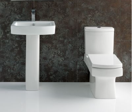 L-Shape Bathroom suite with Square Designer Toilet and Sink Waterfall Taps